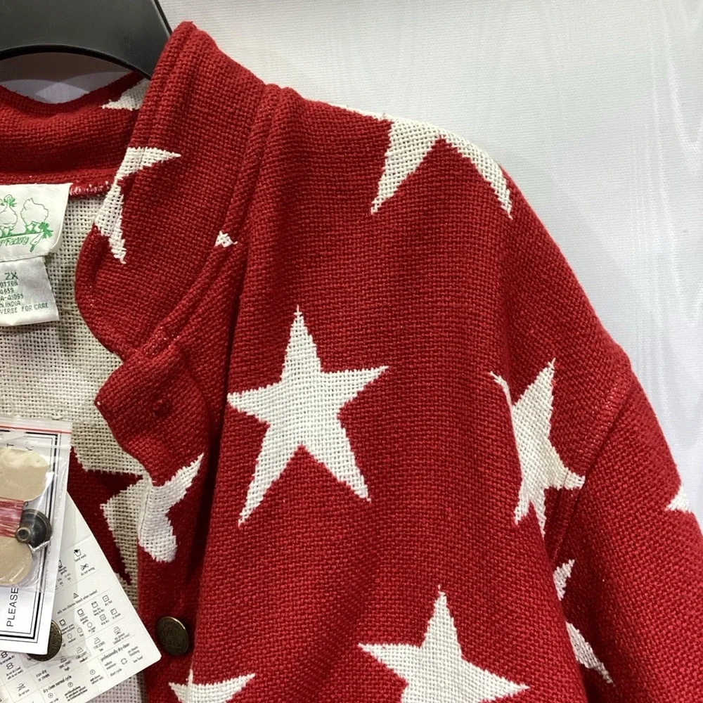 New Quacker Factory Red with White Stars Button Up Woven Jacket 2X Patriotic - Picture 4 of 13